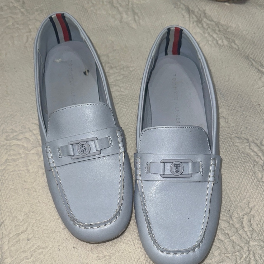 Tommy Hilfiger baby blue Leather Slip-On Loafers with Signature Heel Stripe